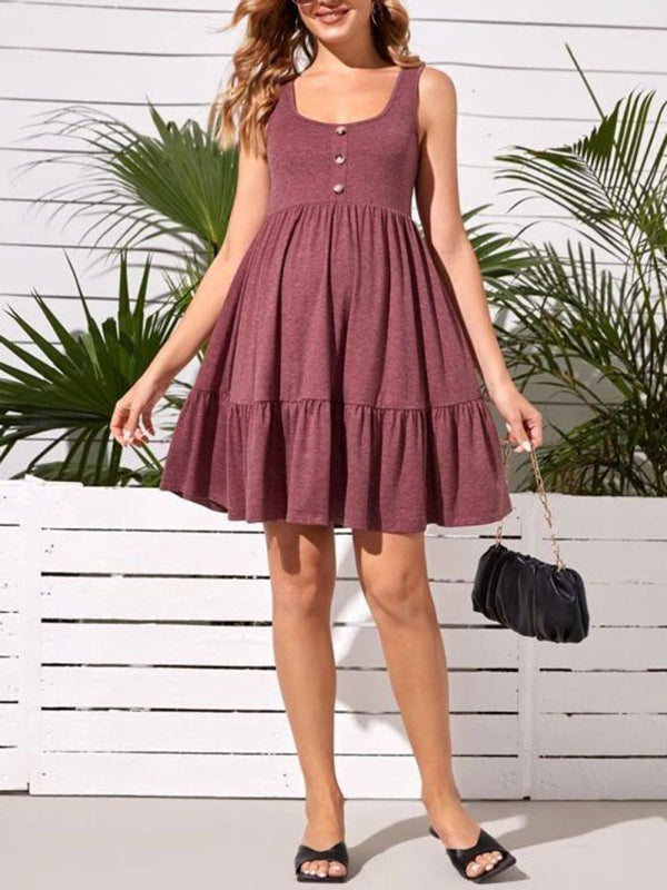 Maternity Knitted U-Neck Ruffle Button A-Line Dress