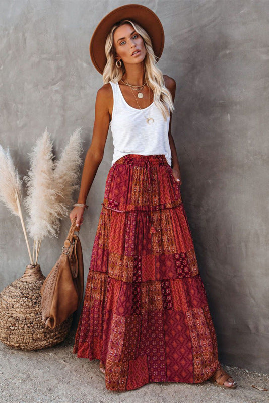 New Bohemian Style Skirt European and American Loose Casual High Waist Long Skirt