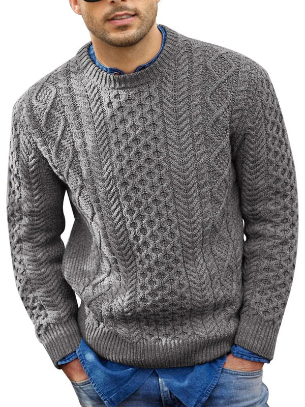 Men's Round Neck Pullover Knitted Cable Sweater