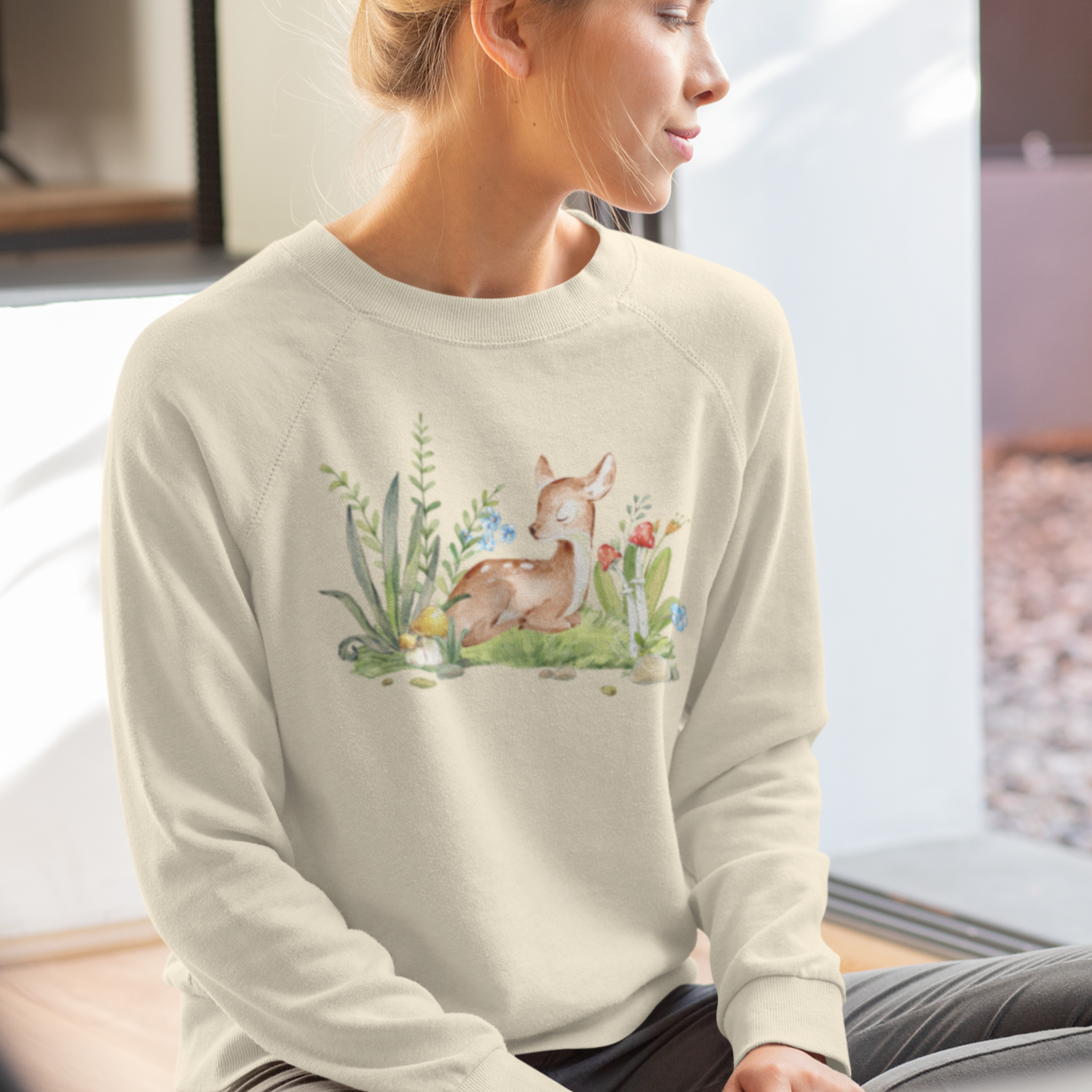 Sweet Fawn Sweatshirt, Vintage Style Deer Pullover Sweater