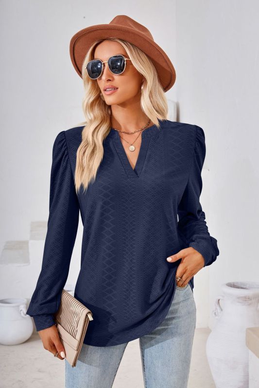 V Neck Jacquard Long Sleeve Loose T-Shirt Top Ladies