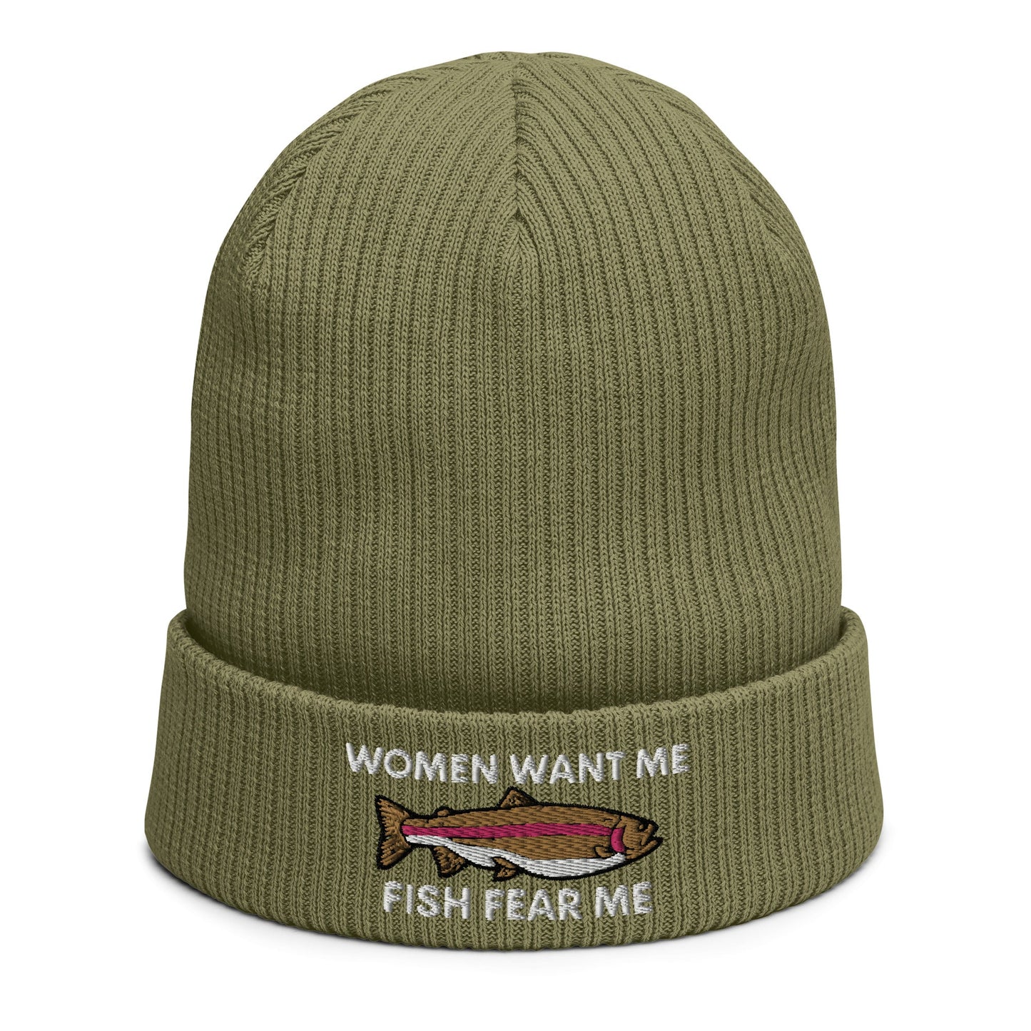 Women Want Me Fish Fear Me Organic Ribbed Beanie, Rib Knit Beanie, Fishing Gift, Gift for Fisherman, Winter Fishing Hat