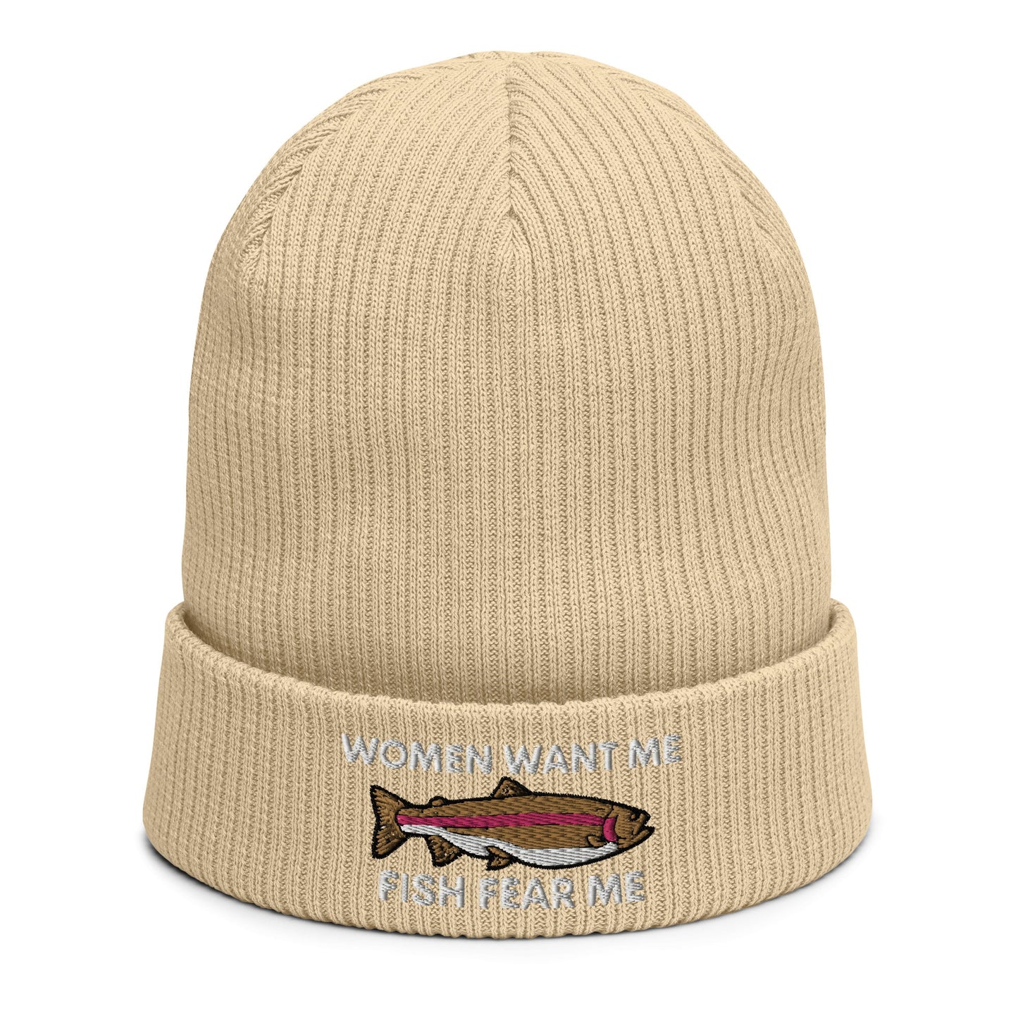 Women Want Me Fish Fear Me Organic Ribbed Beanie, Rib Knit Beanie, Fishing Gift, Gift for Fisherman, Winter Fishing Hat