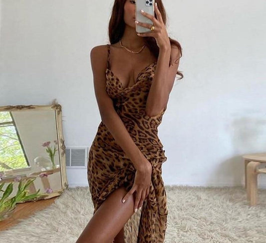 Mesh See Through Leopard Print Maxi Dress