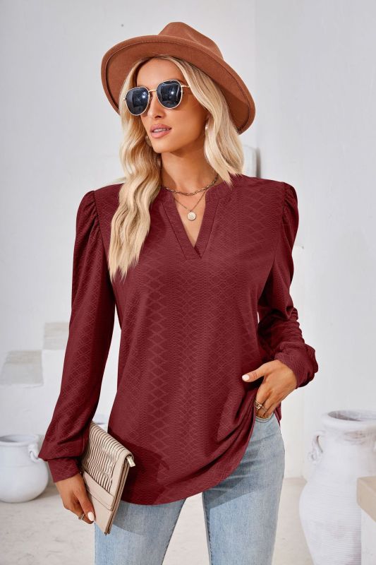 V Neck Jacquard Long Sleeve Loose T-Shirt Top Ladies