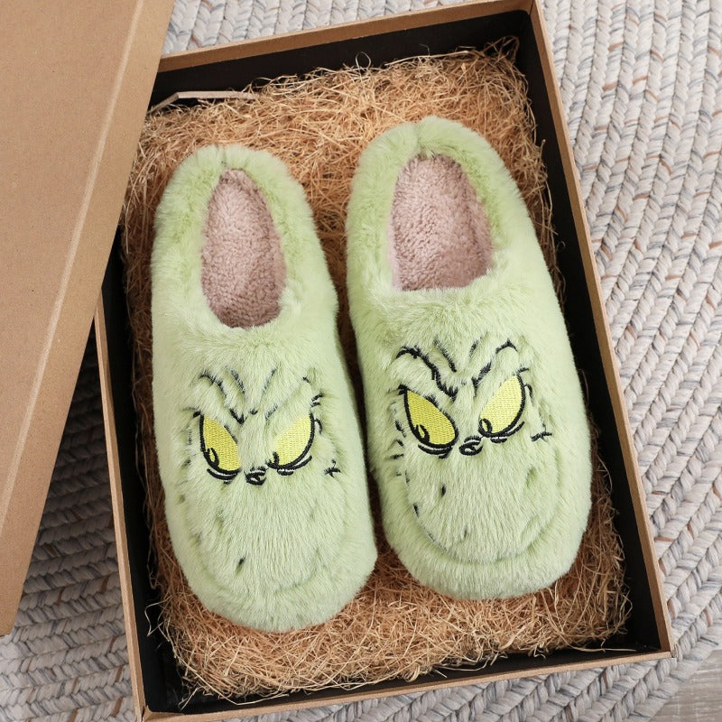 Christmas Cotton Slippers Green Furry Winter Grinch Warm indoor slippers