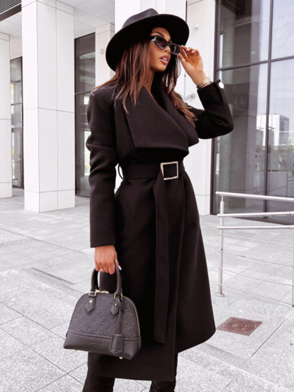 Women's Long-Sleeved Buttoned V-neck Woolen Coat