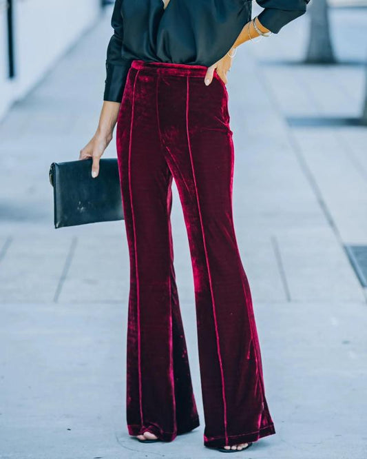 Women's Velvet High Waist Slightly Flared Wide Leg Pants