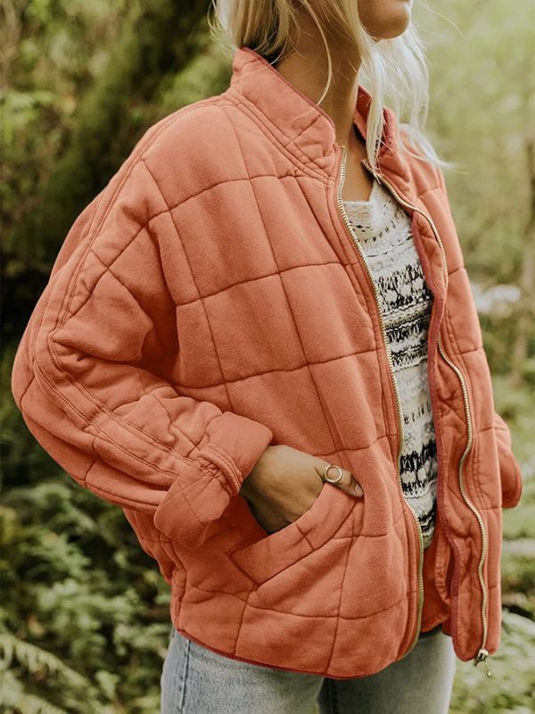 Solid Color Quilted Cotton Jacket with Loose Pockets and Long Sleeves