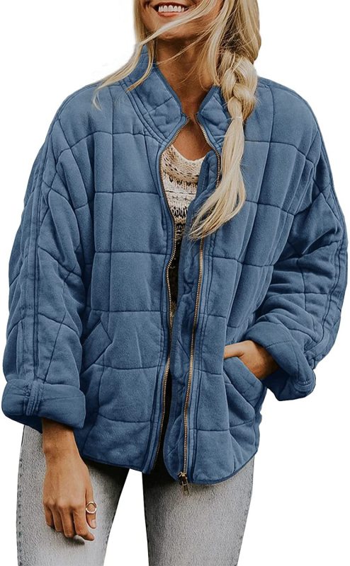 Solid Color Quilted Cotton Jacket with Loose Pockets and Long Sleeves