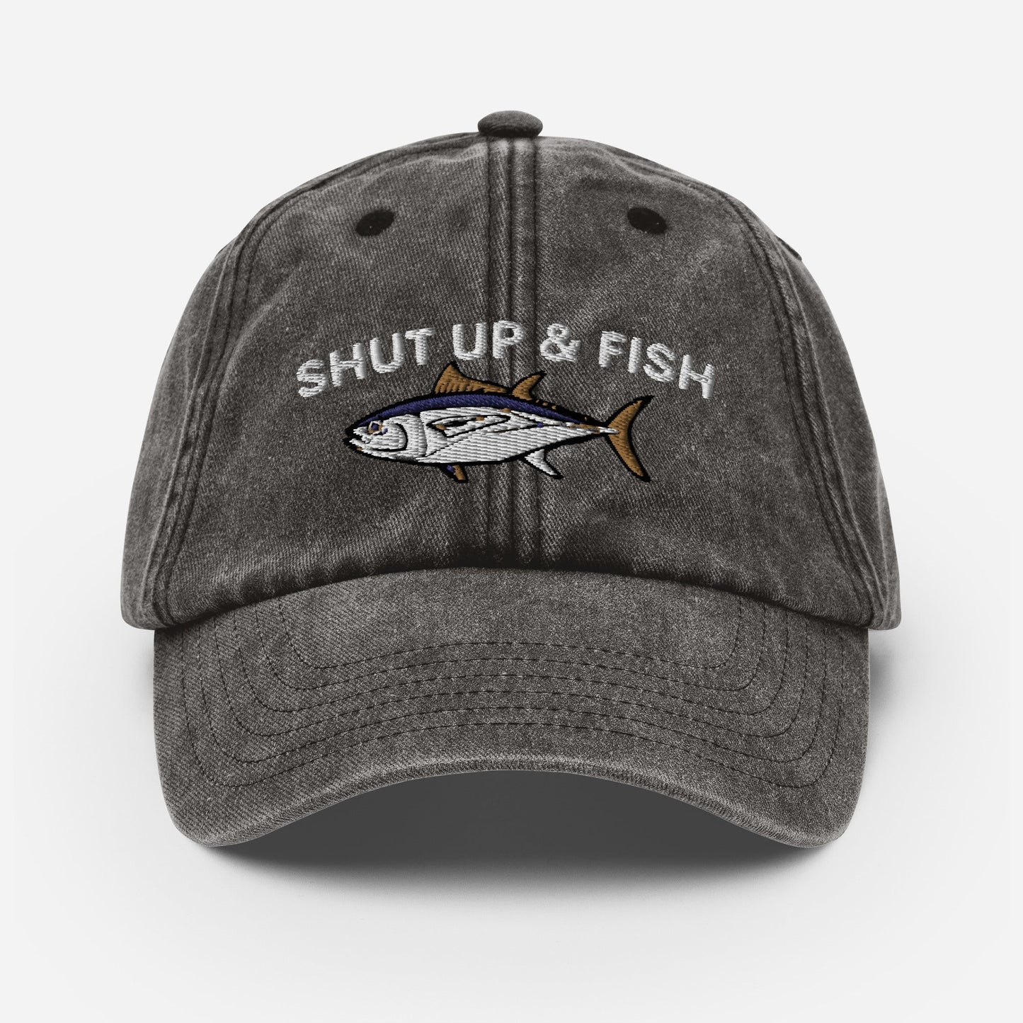 Shut Up and Fish Vintage Hat, Worn Rugged Dad Hat, Fisherman Fishing Gift, Lake Baseball Cap