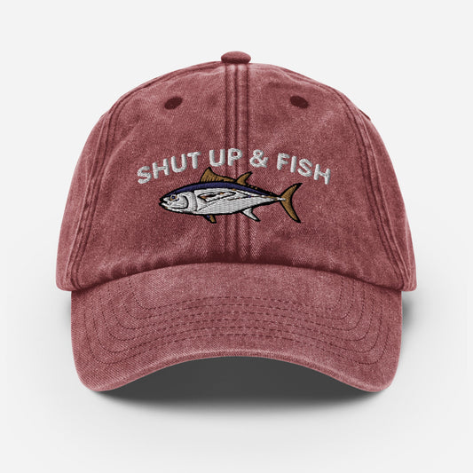 Shut Up and Fish Vintage Hat, Worn Rugged Dad Hat, Fisherman Fishing Gift, Lake Baseball Cap