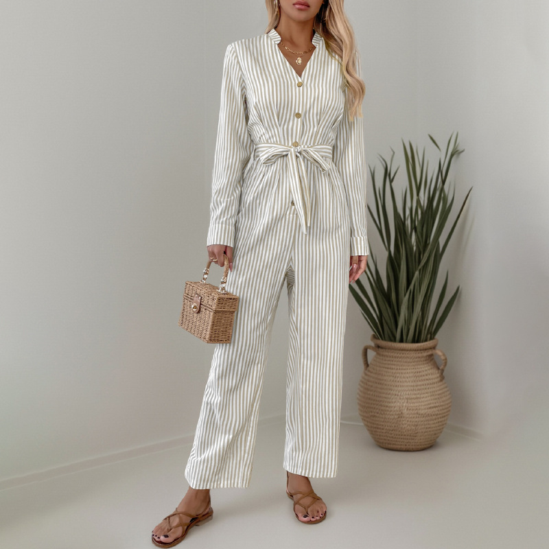 Ladies New V-Neck Striped Jumpsuit