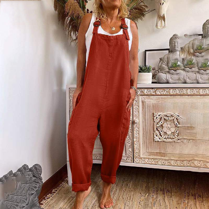 Wide-leg jumpsuit women's adjustable buckle cotton and linen pocket overalls