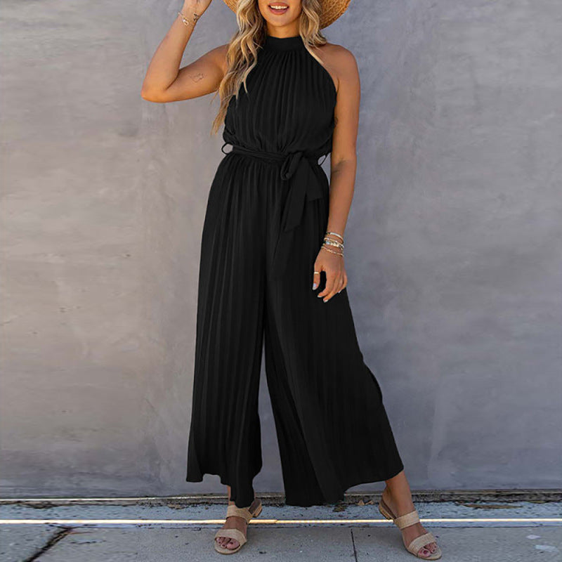 New Women's Off-Shoulder Halter Neck Pleated Jumpsuit